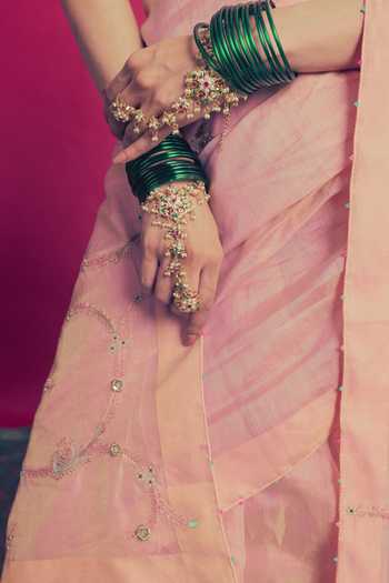 Shop_Label Earthen_Pink Tissue V-neck Suhani Saanjh Saree And Blouse Set _Online_at_Aza_Fashions