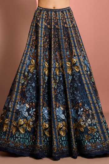 Buy_Neha Khullar_Blue Silk, Organza, Net, Viscose V-neck Hand Embroidered Lehenga Set _Online_at_Aza_Fashions