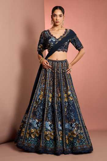 Shop_Neha Khullar_Blue Silk, Organza, Net, Viscose V-neck Hand Embroidered Lehenga Set _Online_at_Aza_Fashions