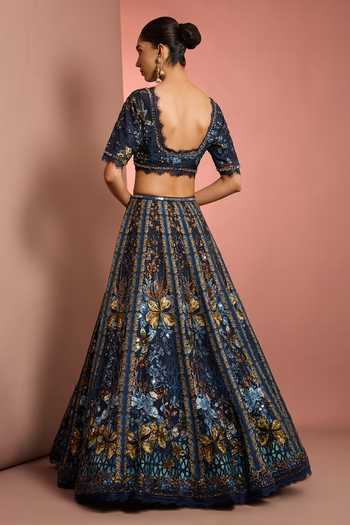 Neha Khullar_Blue Silk, Organza, Net, Viscose V-neck Hand Embroidered Lehenga Set _Online_at_Aza_Fashions