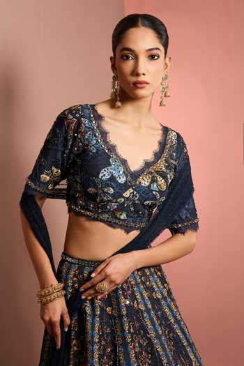 Neha Khullar_Blue Silk, Organza, Net, Viscose V-neck Hand Embroidered Lehenga Set _at_Aza_Fashions