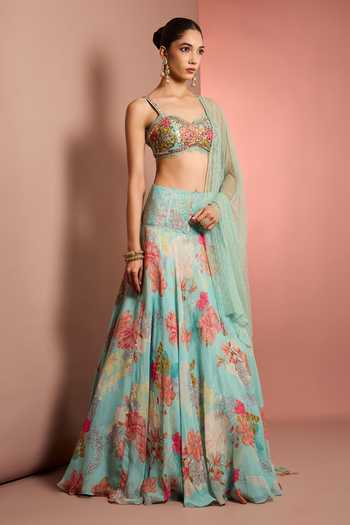 Neha Khullar_Blue Organza, Viscose, Crepe Sweetheart Neck Hand Embroidered Lehenga Set _Online_at_Aza_Fashions