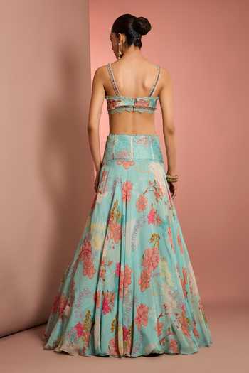 Shop_Neha Khullar_Blue Organza, Viscose, Crepe Sweetheart Neck Hand Embroidered Lehenga Set _at_Aza_Fashions