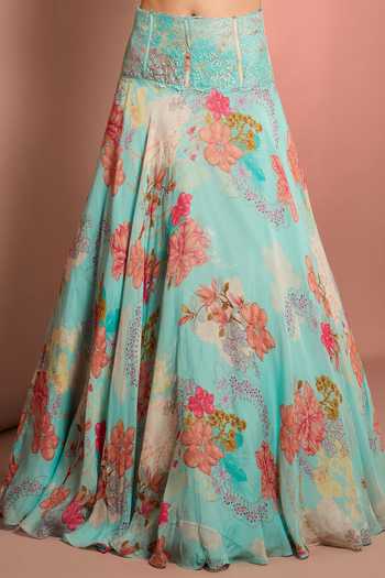 Buy_Neha Khullar_Blue Organza, Viscose, Crepe Sweetheart Neck Hand Embroidered Lehenga Set _Online_at_Aza_Fashions