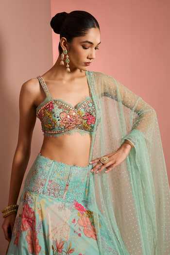 Shop_Neha Khullar_Blue Organza, Viscose, Crepe Sweetheart Neck Hand Embroidered Lehenga Set _Online_at_Aza_Fashions