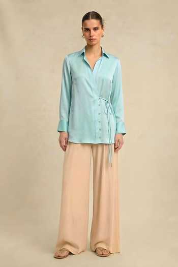 Buy_Neora By Nehal Chopra_Blue Silk, Bemberg Collared Tropical Breeze Wrap Shirt _at_Aza_Fashions