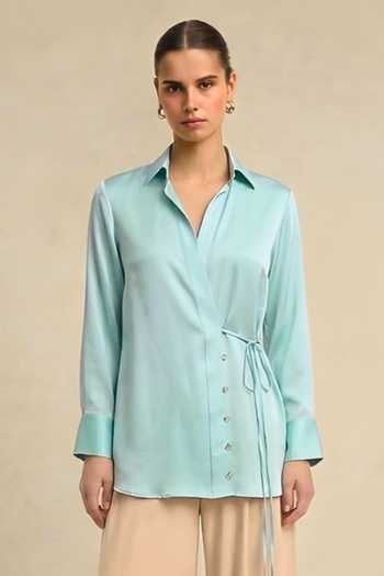 Neora By Nehal Chopra_Blue Silk, Bemberg Collared Tropical Breeze Wrap Shirt _Online_at_Aza_Fashions