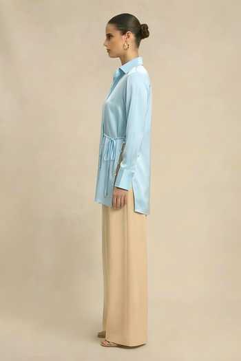 Buy_Neora By Nehal Chopra_Blue Silk, Bemberg Collared Tropical Breeze Wrap Shirt _Online_at_Aza_Fashions
