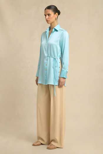 Shop_Neora By Nehal Chopra_Blue Silk, Bemberg Collared Tropical Breeze Wrap Shirt _Online_at_Aza_Fashions