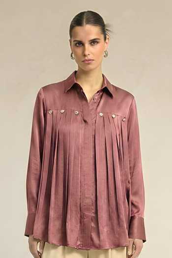 Shop_Neora By Nehal Chopra_Pink Silk, Bemberg Collared Gathered Shirt _Online_at_Aza_Fashions