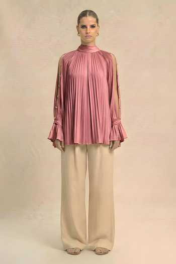 Buy_Neora By Nehal Chopra_Pink Silk, Bemberg High Neck Brick Red Halter Top _at_Aza_Fashions