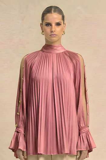 Neora By Nehal Chopra_Pink Silk, Bemberg High Neck Brick Red Halter Top _at_Aza_Fashions