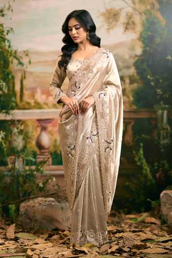 Buy_Samyukta Singhania_Gold Tissue Hand Embroidered Saree And Blouse Set _at_Aza_Fashions