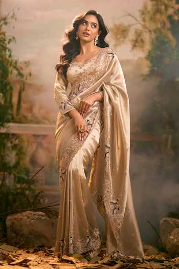 Shop_Samyukta Singhania_Gold Tissue Hand Embroidered Saree And Blouse Set _at_Aza_Fashions