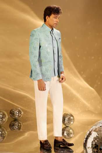 Buy_Arihant Rai Sinha_Green Silk Embroidery Pastel Bandhgala Set 