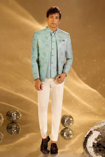 Shop_Arihant Rai Sinha_Green Silk Embroidery Pastel Bandhgala Set 