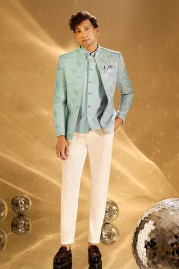 Shop_Arihant Rai Sinha_Green Silk Embroidery Pastel Bandhgala Set _Online