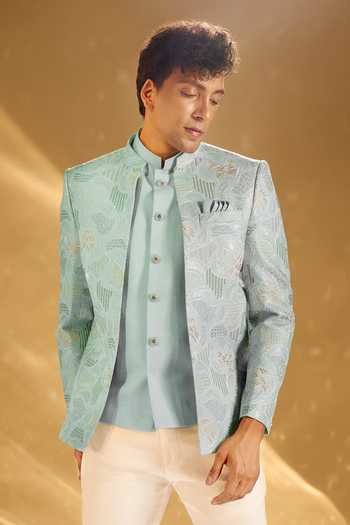 Arihant Rai Sinha_Green Silk Embroidery Pastel Bandhgala Set 