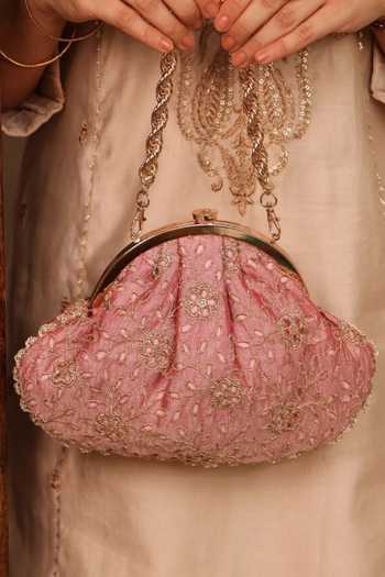 AMYRA_Pink Tarang Cutwork Vintage Purse _at_Aza_Fashions