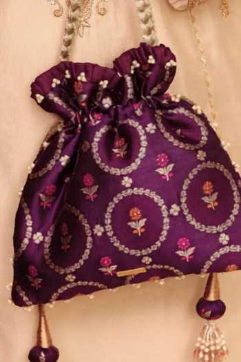 AMYRA_Purple Embroidery, Beads, Pearls, Zari, Tassels Jamal Silk Potli _at_Aza_Fashions
