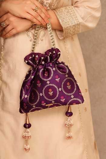 Buy_AMYRA_Purple Embroidery, Beads, Pearls, Zari, Tassels Jamal Silk Potli _at_Aza_Fashions