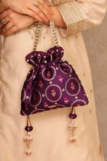 AMYRA_Purple Embroidery, Beads, Pearls, Zari, Tassels Jamal Silk Potli _Online_at_Aza_Fashions