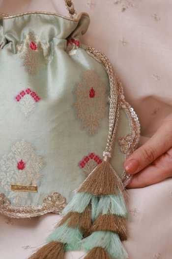 Buy_AMYRA_Blue Embroidery, Zari, Tassels, Metallic Thread Nihari Scallop Silk Potli _Online_at_Aza_Fashions