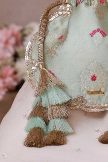 Shop_AMYRA_Blue Embroidery, Zari, Tassels, Metallic Thread Nihari Scallop Silk Potli _Online_at_Aza_Fashions