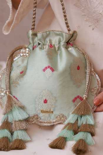 Shop_AMYRA_Blue Embroidery, Zari, Tassels, Metallic Thread Nihari Scallop Silk Potli 