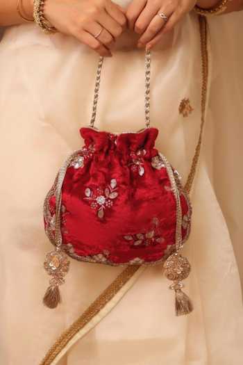 AMYRA_Red Embroidery, Sequins, Tassels Ras Velvet Scallop Potli _Online_at_Aza_Fashions