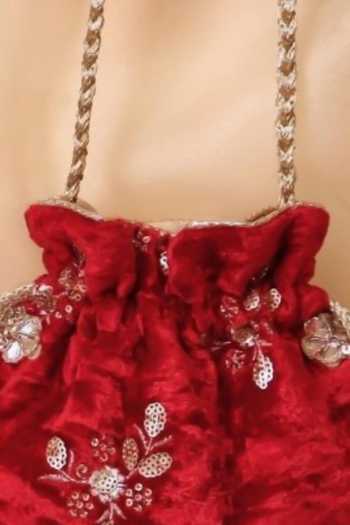 Shop_AMYRA_Red Embroidery, Sequins, Tassels Ras Velvet Scallop Potli _Online_at_Aza_Fashions