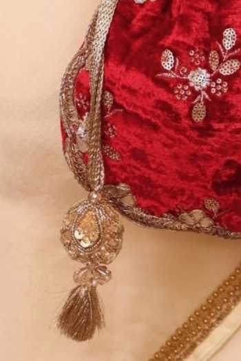 Buy_AMYRA_Red Embroidery, Sequins, Tassels Ras Velvet Scallop Potli 