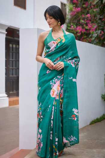 Buy_Dressfolk_Green Linen Botanical Saree With Unstitched Blouse Piece _Online_at_Aza_Fashions