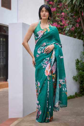 Buy_Dressfolk_Green Linen Botanical Saree With Unstitched Blouse Piece _at_Aza_Fashions