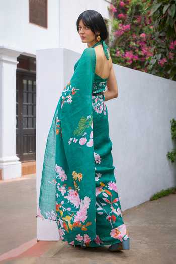 Shop_Dressfolk_Green Linen Botanical Saree With Unstitched Blouse Piece _Online_at_Aza_Fashions