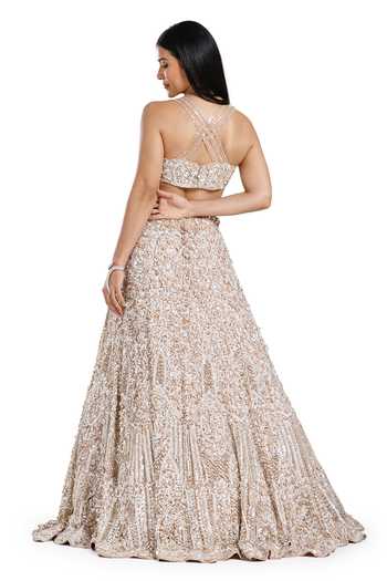 Mehar_Beige Net Sweetheart Neck Hand Embroidered Lehenga Set _Online_at_Aza_Fashions