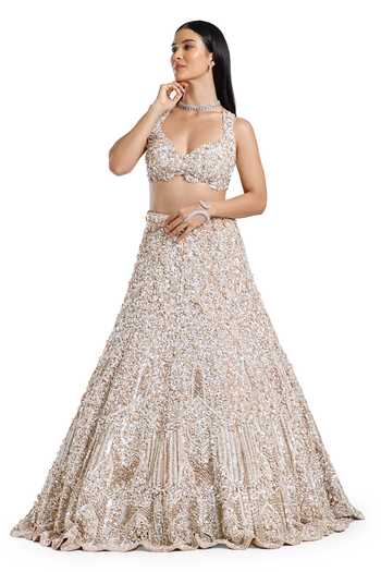 Buy_Mehar_Beige Net Sweetheart Neck Hand Embroidered Lehenga Set _Online_at_Aza_Fashions