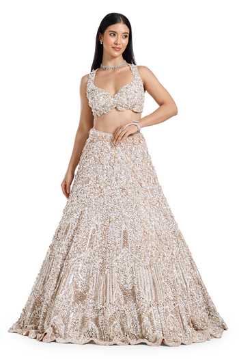 Shop_Mehar_Beige Net Sweetheart Neck Hand Embroidered Lehenga Set _Online_at_Aza_Fashions