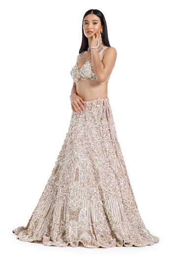 Mehar_Beige Net Sweetheart Neck Hand Embroidered Lehenga Set _at_Aza_Fashions