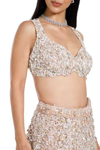 Buy_Mehar_Beige Net Sweetheart Neck Hand Embroidered Lehenga Set 