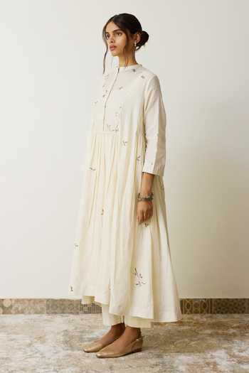 Buy_Rhua_Ivory Handloom Cotton Mandarin Collar Neya Kurta And Pant Set _Online_at_Aza_Fashions