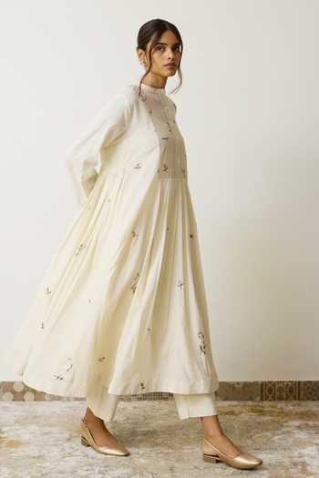 Shop_Rhua_Ivory Handloom Cotton Mandarin Collar Neya Kurta And Pant Set _Online_at_Aza_Fashions
