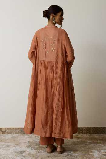 Shop_Rhua_Brown Handloom Cotton Mandarin Collar Reya Kurta And Pant Set _at_Aza_Fashions
