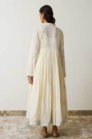 Shop_Rhua_Ivory Handloom Cotton V-neck Lina Anarkali Set _at_Aza_Fashions