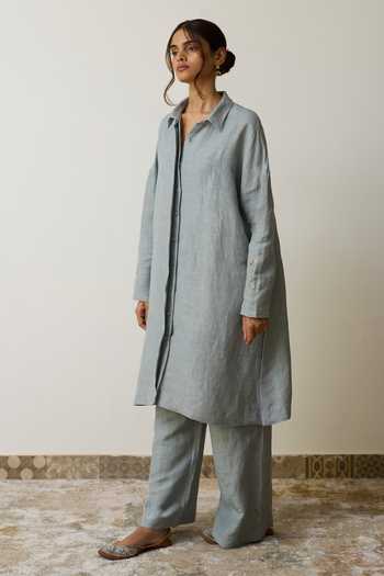 Rhua_Blue Linen Collared, Yes Ava Kurta And Pant Set _Online_at_Aza_Fashions