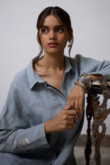 Buy_Rhua_Blue Linen Collared, Yes Ava Kurta And Pant Set _Online_at_Aza_Fashions