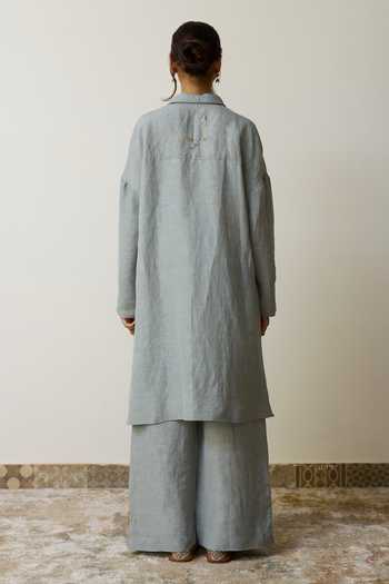 Shop_Rhua_Blue Linen Collared, Yes Ava Kurta And Pant Set _at_Aza_Fashions