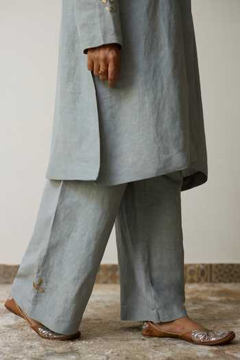 Shop_Rhua_Blue Linen Collared, Yes Ava Kurta And Pant Set _Online_at_Aza_Fashions