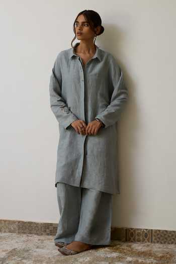 Buy_Rhua_Blue Linen Collared, Yes Ava Kurta And Pant Set _at_Aza_Fashions