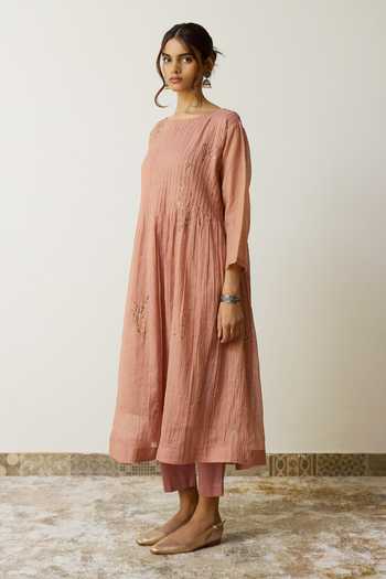 Buy_Rhua_Pink Handloom Cotton Square Neck Nirvi Dabka Embroidered Kurta And Pant Set _Online